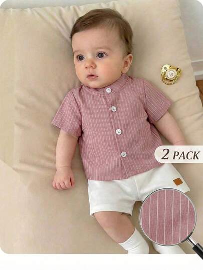 SHEIN Playful Pals 2 Pieces Pack Set Baby Boy Clothes Toddler Boy Clothes Newborn Infants Kids Boys Apparel Vintage Stylish Chic Casual Elegant Old Money Summer Quiet Luxury Style Striped Pattern Powdered Rose Pink White Color Block Texture Short Sleeve Button Down Shirt Tops And Shorts Bottoms Trousers Soft Breathable Lightweight Thin Smooth Fabric Skin Friendly 2 Piece Sets Outfit Sets Summer Sets Clothes Set Summer Outfits Clothing Vacation Holiday Beach Party Wedding Birthday Church Travel Daily Wear Summer Sp