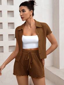 Siren Gaze 2 piezas Conjunto de top de manga corta con botones y shorts de unicolor casual para mujer - Marrón - Ver 4