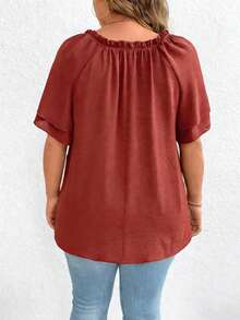 EMERY ROSE Plus Size Women Summer Casual Vacation Daily Commute Solid Color Knot Cutout Neck Layered Flutter Sleeve Loose Top - Rust Brown - View 2