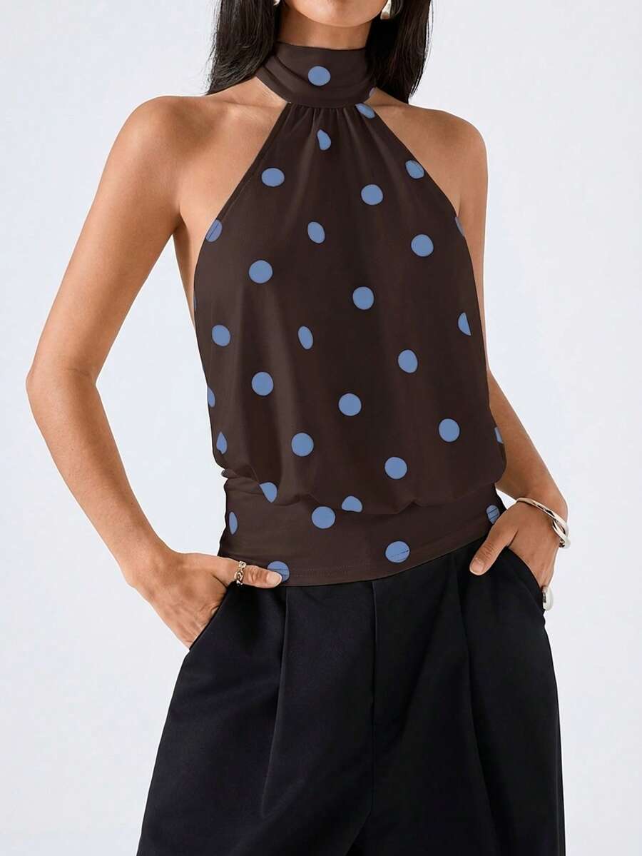 LYSMO 女士波点印花露背吊带背心，时尚百搭，适合约会和旅行 - 巧克力棕 - 查看 1