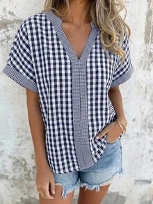 Weeklong Plus Size Women's V-Neck Plaid Patchwork Casual Shirt, Spring/Summer - Navy Blue - View 3
