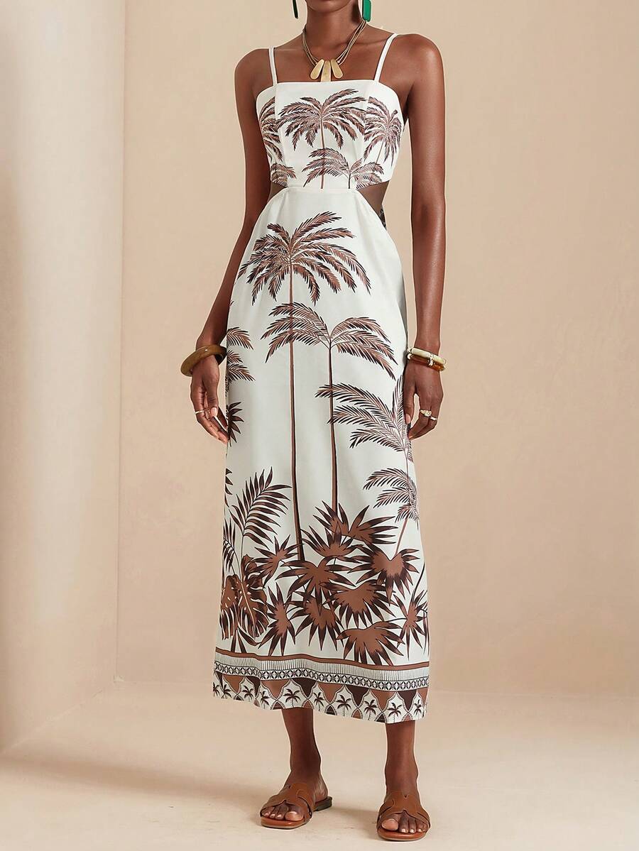 Vesra Apricot Coconut Tree Print Backless Tie Strap Dress For Women - Apricot - View 1