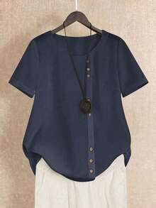 EMERY ROSE Women's Solid Color Round Neck Short Sleeve Button Design Casual Shirt - Navy Blue - View 5