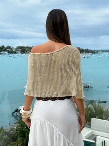 Aloruh Women's White Polka Dot Summer Boho Tropical Vacation Sequin Decorated Cover-Up,Knit Sparkly Asymmetrical Off The Shoulder Tube Top,Beach Festival Top - Apricot - View 2