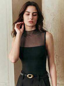 New Elegant Fashionable Sexy Sleeveless Blouse For Dates, Parties, Occasions, Work Wear, Sheer Splice Design, Spring/Summer - Black - View 4