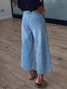 EMERY ROSE Mature Denim Women's High Waist Light Blue Pleated Wide Leg Cropped Denim Jeans,Summer Casual Everyday Boho Culottes With Pockets For Vacation & Commute Wear - Blue - View 3