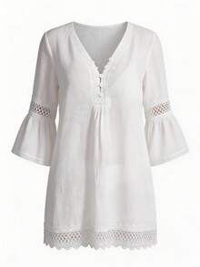 SHEIN Swim Lushore Women's Summer Beach Holiday Solid V-Neck Lace Patchwork Bell Sleeve Chiffon Cover Up - White - View 5