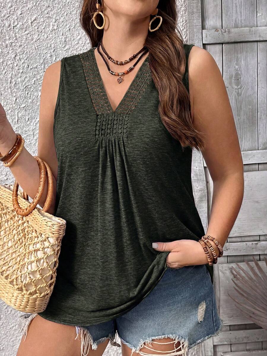 EMERY ROSE Áo tank top dệt kim không tay cổ chữ V phối ren, màu trơn, dáng rộng dành cho nữ, cỡ lớn. - Màu xanh lá cây đậm - Xem 1