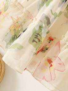 SHEIN Baby Girls' Fashionable Casual Floral Print Bow Decor Cake Dress, Suitable For Spring, Summer, Autumn, Home, Vacation, Holiday, Party, Daily Wear - Multicolor - View 3