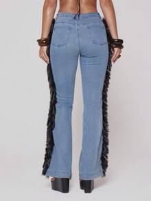 MUSERA Quần jeans ống loe ôm sát bên hông, viền lông giả, phong cách mùa xuân hè, lễ hội, gợi cảm, kỳ nghỉ ở Ibiza, phong cách cao bồi Y2K, phá cách. - Rửa trung bình - Xem 3