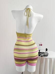 Elamini Bộ áo liền quần kẻ sọc phong cách retro Y2K, áo liền quần hai dây gợi cảm mùa hè dành cho nữ, áo len. - Nhiều màu - Xem 2