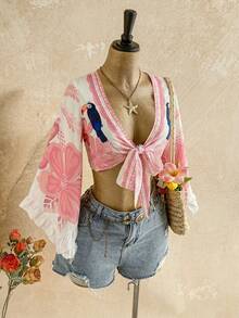 Soleia Casual Vacation Tie-Front Flare Sleeve Ruffle Cuff Leopard Print Shirt,Pink Top - Pink - View 2