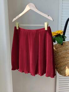 Comfortcana Plus Size Women Solid Color High Waist Ruffle Hem A-Line Skirt - Burgundy - View 6