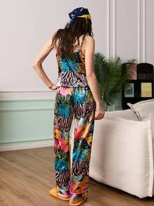 Casual Leopard Print Satin Pajama Set For Women - Multicolor - View 2