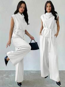 Firerie Women's White 2-Piece Set, Elegant Summer Office Turtleneck Cap Sleeve Shirt Elastic Waist Wide Leg Pants Set, Commuter Business Work Outfits - White - View 9