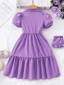 Elladie kids Young Girl Solid Color Turndown Collar Puff Sleeve Cardigan Dress With Mini Bag, Summer - Purple - View 2