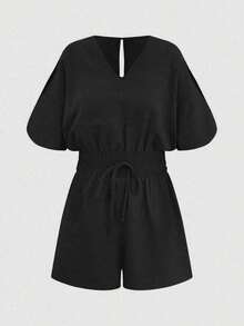 SHEIN Raffinéa Women's Solid Color Open Shoulder Tie Strap Romper, Minimalist Casual Vacation Wear - Black - View 4