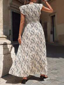Editum Women's Geometric Pattern Cinched Waist Cap Sleeve Flowy Elegant Boho Commuter Dress 90's Outfits For Women Night Out Outfits 80s Outfits Y2k Outfits 70's Outfits For Women Holiday Outfits For Women Airport Outfits For Women Best Travel Outfits For Women Holiday Vacation 2000s Outfits Women Casual Work Outfits Workout Outfits Corporate Outfits Business Casual  Zebra Print Dress For Women Elegant Dress Woman Dress Maxi Dress Black And White Summer - Black and White - View 2