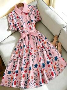 Ellegaria. 女士碎花连衣裙、女士泡泡袖连衣裙、女士系腰连衣裙 - 粉色 - 查看 5