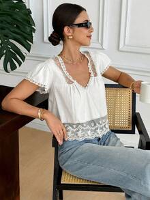 Serisse Women's Contrast Lace Short Sleeve Loose Blouse,Summer Top - White - View 6