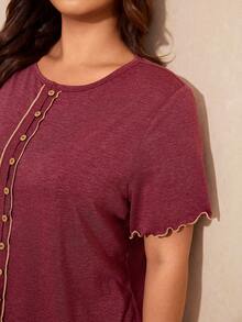 Elaquor Camiseta casual holgada de mujer talla grande con cuello redondo y manga corta de un solo abotonado - Burdeos - Ver 7