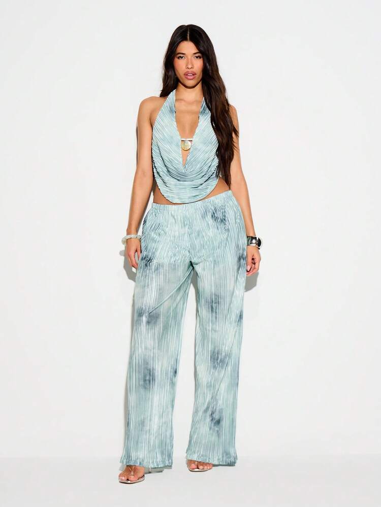 KIZN Damskie spodnie palazzo z szerokimi nogawkami, plisowane, z wysokim stanem, zwiewne, swobodne, barwione metodą tie-dye, jasnoniebieskie, letnie, plażowe, wakacyjne