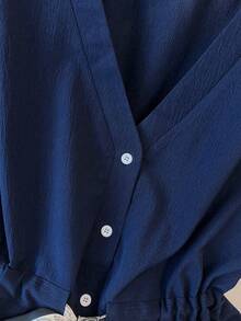 GlowEve CURVE Navy Blue Woven Fabric V Neck Tank Top Plus Size Casual Flared Hem Drawstring Colorblock Regular Length - Navy Blue - View 7