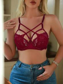 SHEIN 1 pieza Sujetador con aros de encaje y malla para mujer - Burdeos - Ver 3
