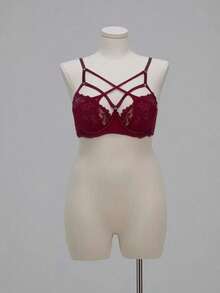 SHEIN 1 pieza Sujetador con aros de encaje y malla para mujer - Burdeos - Ver 4