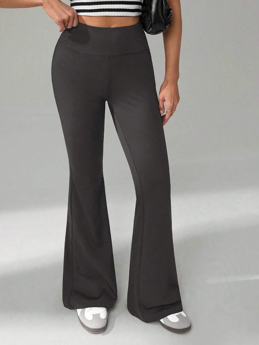 SHEIN Tall 女士纯色休闲高腰喇叭裤 - 燧石 - 查看 1