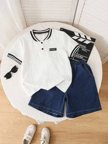 Mirajuku 2pcs/Set Older Boys Casual Gentleman Style Textured Fabric Polo Shirt Set With Blue Denim Shorts, Minimalist Fashion Suitable For Daily, School, Commute - White - View 3