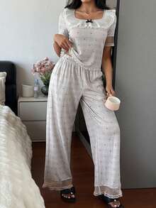 DAZY 女士舒适网纱波点印花睡衣套装（上衣和裤子），夏季 - 灰色 - 查看 6