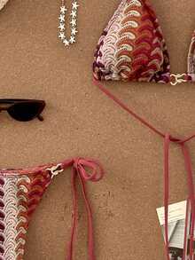 Swim Vcay Conjunto de traje de baño informal de verano con parte superior de triángulo sin tirantes de punto jacquard y Bottom tipo tanga para mujer - Multicolor - Ver 4