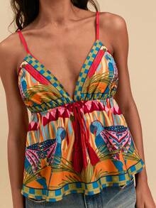 SHEIN TRVLCHIC Camiseta de tirantes con estampado geométrico y de plantas tropicales con flecos, adecuada para la playa/vacaciones - Multicolor - Ver 7