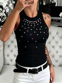 EMERY ROSE 女士休闲彩色钻石装饰背心 - 黑色 - 查看 4