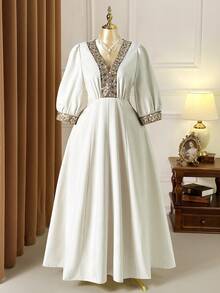 Rometta Plus Size Women's Elegant White Winter Bridal Wedding Dress, Al-Adha Lace & Sequin Trim Fit & Flare Vintage Luxury Embroidered Reception Dresses - Apricot - View 8