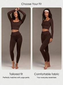 Fluxe Women's Solid Color Fitted Long Sleeve Cropped Activewear Top - Coffee Brown - View 7