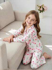 Genkimix Kids Girls Floral Print Long Sleeve Cardigan And Pants 2 Pieces Pajama Set, Comfortable Casual Sleepwear Tulip Print Pajama Set - Multicolor - View 8