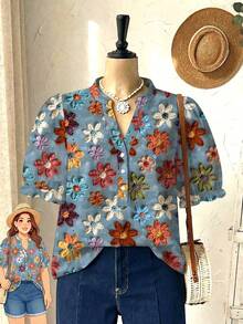 Rusticease Plus Size Women V-Neck Floral Print Casual Versatile Daily Wear Shirt Gym Brown Summer - Multicolor - View 1