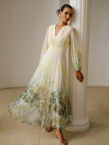 ZEYLAH Women's Elegant V-Neck Patterned Mesh Dress, Summer - Green - View 8