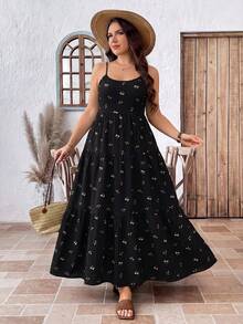 Freevana Vestido bohemio de tirantes finos en color crema amarillento, vestido largo con bordado floral dorado en la cintura acampanada, vestido holgado y favorecedorcon estilo vintage para vacaciones de verano - Negro - Ver 7