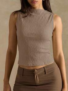SHEIN BAE 女士休闲纯色露脐背心，夏季 - 棕色 - 查看 4