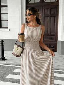 Pariaura 2026新款棕色格子长裙，蝴蝶结肩带，荷叶边收腰设计，休闲通勤简约风，适合度假日常穿着。 - 彩色 - 查看 4