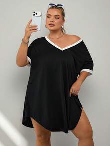 SHEIN CURVE+ Plus Size Women V-Neck Black And White Patchwork Casual Dress Vacation Cruise Travel Beach Club Tennis Sunbathi Ladies Dresses Summer - Black and White - View 9