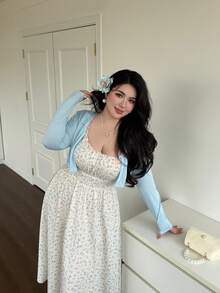 Vibekara 两件套：可爱罗纹短款外套搭配碎花迷你连衣裙 - 淺藍色 - 查看 5