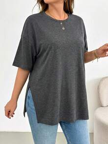 SHEIN Essnce 大码女装春夏时尚休闲宽松柔软舒适日常百搭显瘦深灰色短袖T恤，超大款上衣，夏季穿搭，简约风格，外出上衣，欧洲夏季 - 灰色 - 查看 7