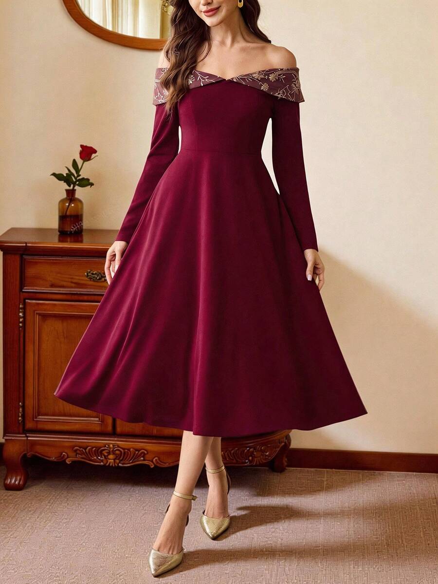 Vintamour Váy nữ cổ điển thanh lịch, đầm hở vai, cổ thêu, đầm dài tay màu đỏ rượu, thu/đông - Màu Đỏ Sâu - Xem 1