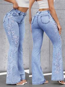 SHEIN Tall 女士时尚花卉刺绣口袋拉链喇叭牛仔裤，百搭 - 藍色 - 查看 2