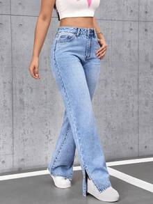 SHEIN Tall 女士高腰口袋直筒休闲百搭牛仔裤 - 藍色 - 查看 8