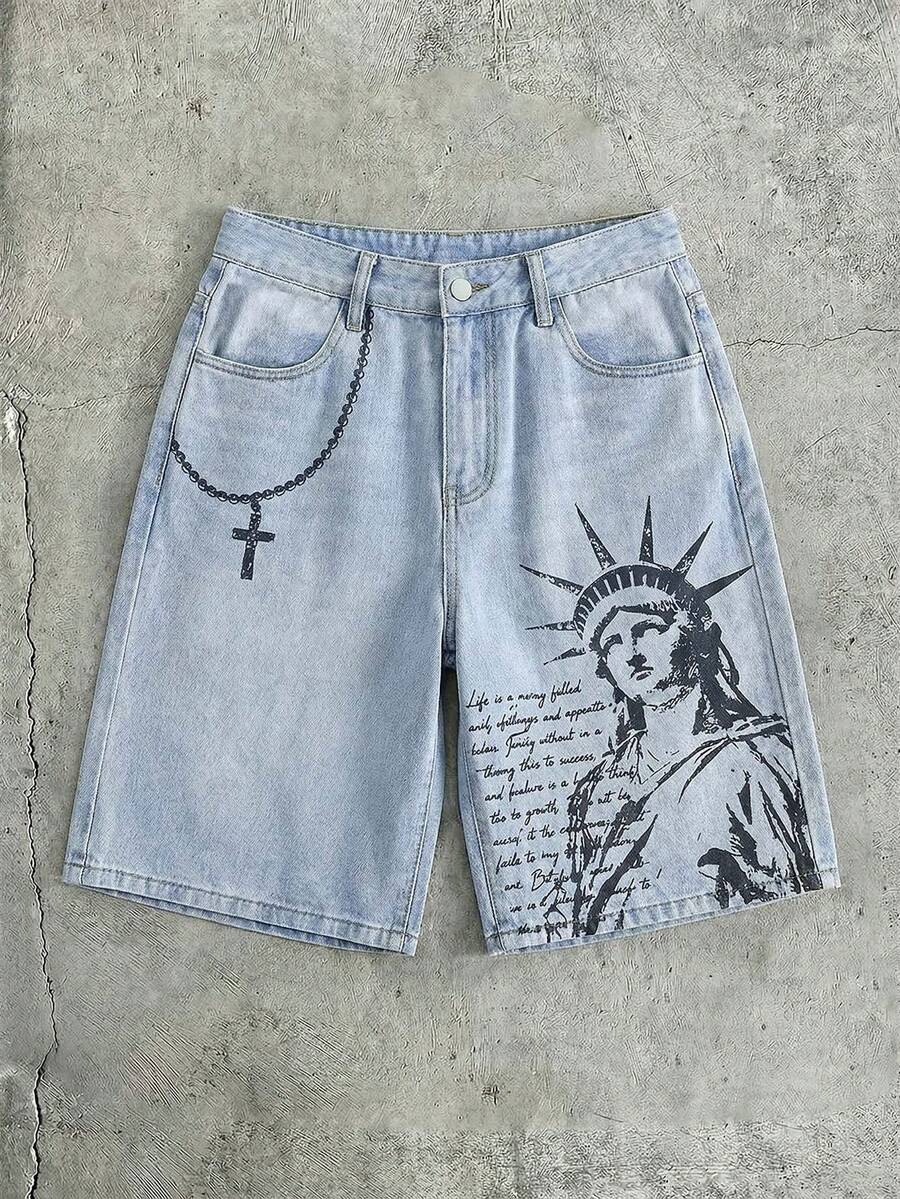 AXEPEAK Men's Casual Letter & Sculpture Print Slant Pocket Denim Shorts, Summer - Baby Blue - View 1